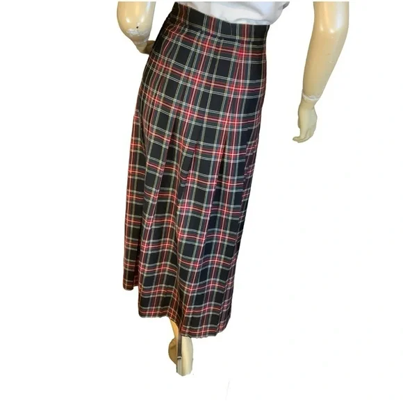 VINTAGE CIRCA 1980'S LGR BLACK, RED, YELLOW & GREEN PLAID WOOL SKIRT (16) - Picture 5 of 12